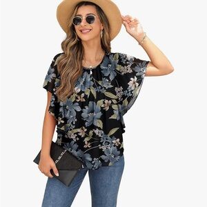 NWOT• Floral Black Batwing Blouse
